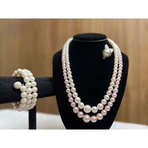 Vintage Style Faux Pearl Jewelry Set Pink Cream Necklace Bracelet Leaf Brooch